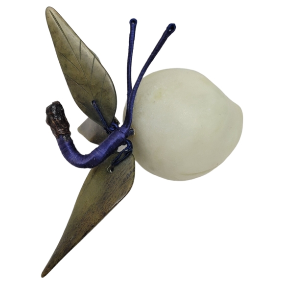 Jade Pear With Forest Green Leaves And Blue Silk Stem  Carved Fruit Decor - Picture 5 of 12